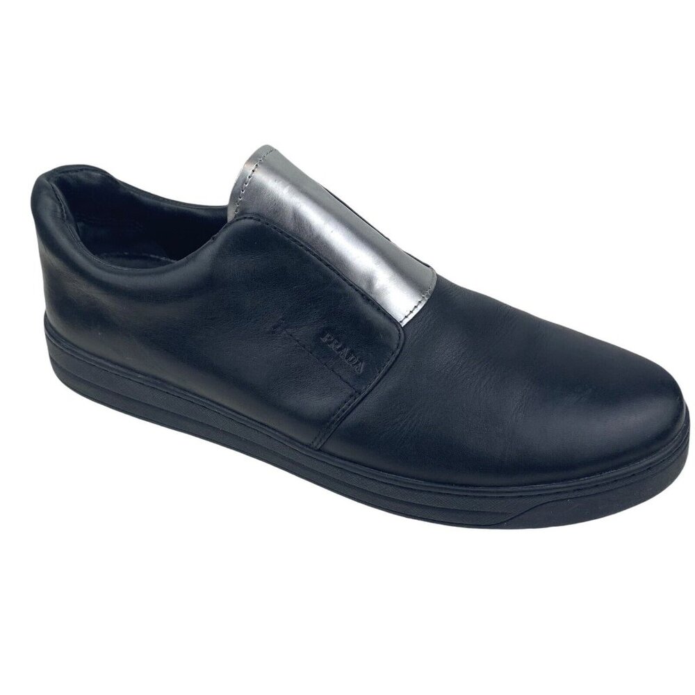 Prada Black Calfskin Leather Silver Chrome Slip On Sneakers 3S6047 US 8 EU 41 - Picture 4 of 16